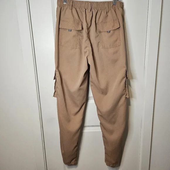 Tan Straight Leg Cargo Pants Elastic Waist Utility Pockets Casual Streetwear 31 - Picture 4 of 13